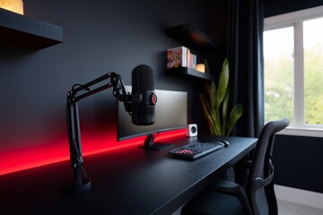 Modern workspace featuring a sleek black desk with a microphone, computer monitor, and keyboard, illuminated by ambient lighting, creating an inviting and productive atmosphere