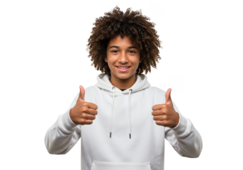 A young person with curly hair giving two thumbs up while wearing a white hooded sweatshirt smiling on transparent background