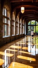 Fototapeta premium Person Walking Through a Sunlit Hallway With Large Windows and Reflective Wooden Floor