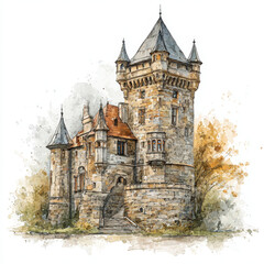Fototapeta premium Watercolor castle tower stone historic architecture medieval old building autumn trees artistic painting