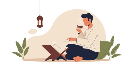 Peaceful Reading Moment In Ramadan With Coffee And Traditional Lantern