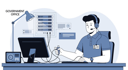 Naklejka premium Man Working at a Government Office with Computer and Devices in Blue Tone