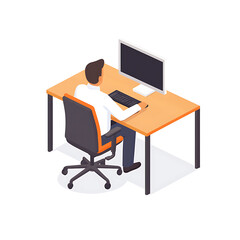 Workspace Illustration: A person works at a computer. Isometric view. A minimalist design. Flat illustration.