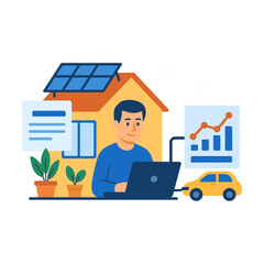 Illustration of a Sustainable Smart Home with Solar Panels and EV Charging Station on a Clean White Background
