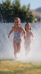 Obraz premium Two young girls joyfully running through a sprinkler in a sunny backyard, splashing water around, capturing the essence of summer fun and carefree childhood moments
