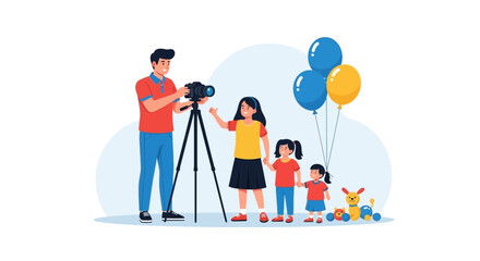Professional Photographer Capturing Joyful Moments With Children Holding Balloons