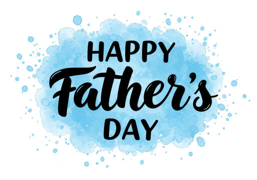 Happy father's day text on a blue watercolor splash with a festive and celebratory message for fathers on transparent background