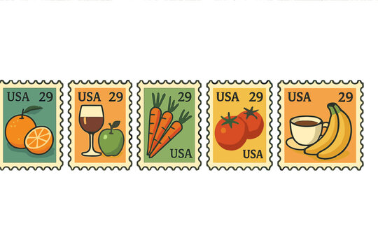 Stamps highlighting Amalfi's cultural heritage, culinary delights, and breathtaking landscapes, displaying regional specialties and symbolic representations