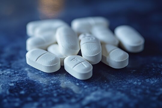 Molecule structure of zolpidem demonstrated through white tablets on blue background, Zolpidem (ambien) drug molecule