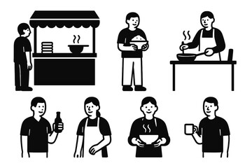 Vector illustration set featuring silhouettes of outdoor street food market stalls with vendors and customers buying and selling food