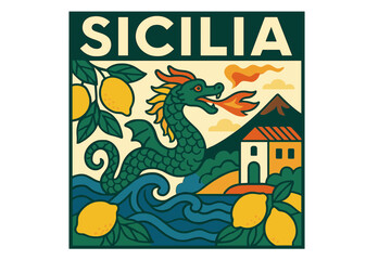 Obraz premium Vibrant illustration of Sicily's coastline featuring lemons, sea creatures, and a kaleidoscope of colors that highlight the region's stunning beauty