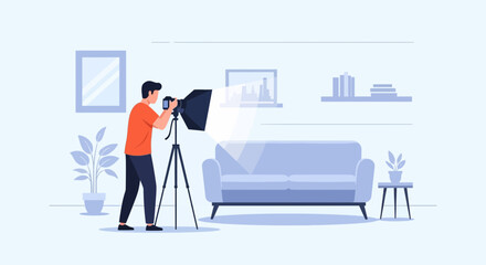Obraz premium Professional Photographer Shooting a Home Interior Flat Design Illustration