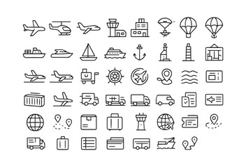 Transportation Icons Set Airplane, Ship, and Vehicle Symbols