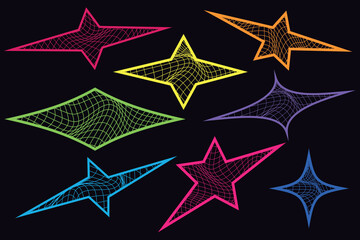 Neon Mesh Stars Set — Y2K Vector Elements. A bold set of Y2K mesh stars in neon tones. These digital elements are perfect for tech-style compositions, motion graphics, or retro-futuristic artwork.