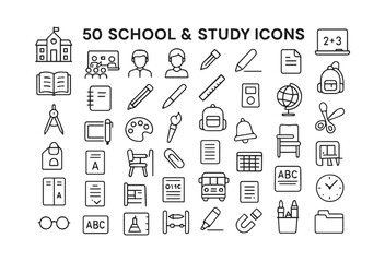 Collection of education and business icons in minimalist line art style for design elements