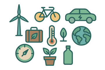 Eco friendly elements collection set for tiny person clean lifestyle, featuring items with green electricity production from renewable resources and waste management for eco living in vector