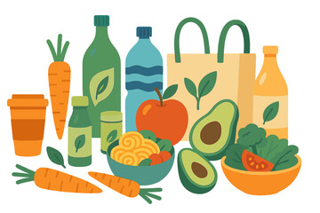 The zero waste concept is depicted through a vector illustration featuring hand-drawn lettering, an eco-friendly grocery bag, various vegetables and fruits, kitchen jars, soap, a comb, toothbrush