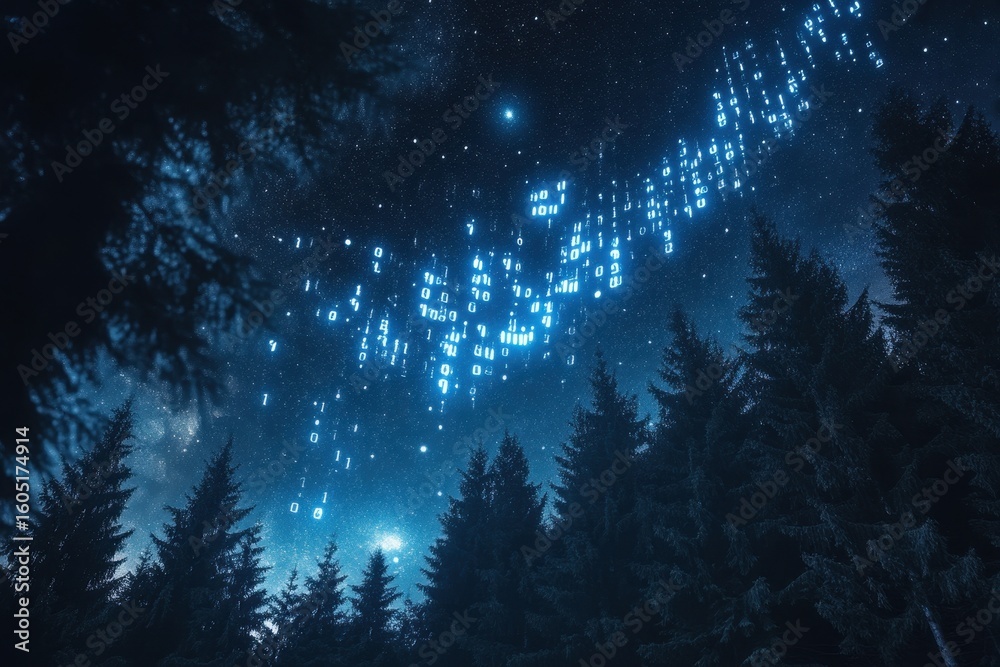 Poster binary code cascading through a starry night sky above a dark forest landscape, binary code and circ