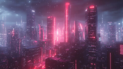 Fototapeta premium Futuristic city skyline glowing with neon pink lights under misty night sky, creating vibrant and mysterious atmosphere
