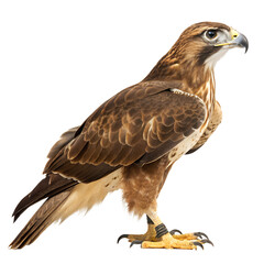 Obraz premium A close-up of a brown hawk with a sharp beak and striking eyes. The bird stands on a perch, showcasing its detailed feathers and strong talons.
