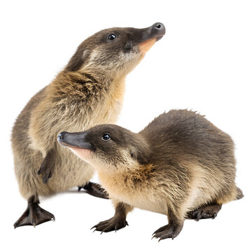 Two short-beaked echidnas are positioned on a black background. They have spiky fur and elongated snouts, showcasing their unique features.