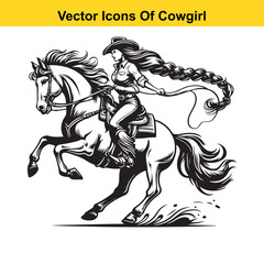 Obraz premium Cowgirl Riding Horse with Braid and Blowing Hat – Western Line Art Vector
