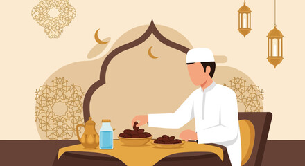 Ramadan Evening Meal Iftar Celebration With Dates And Middle Eastern Lanterns