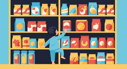 Reaching Shelf Adventure Youngster Climbing Pantry Shelves For Desired Snack