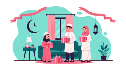 Muslim Family Celebrate Eid with Gifts in Modern Home Vector Illustration