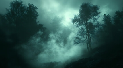 Naklejka premium Mysterious fog drifting through dark forest trees under cloudy sky creates eerie and mystical atmosphere in this natural landscape