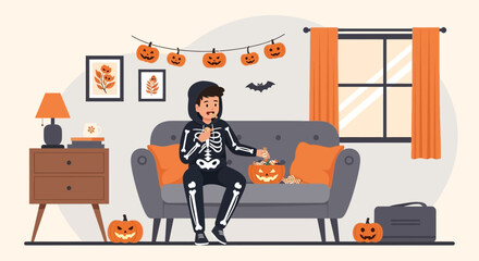 Relaxed Boy In Skeleton Costume Enjoys Halloween Candy At Home On The Sofa