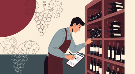 Wine Steward Examining Stock In Cellar With Grapes Background Illustration