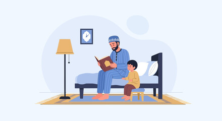 Muslim Father Reads A Book To His Son Bedtime Story Flat Vector Illustration