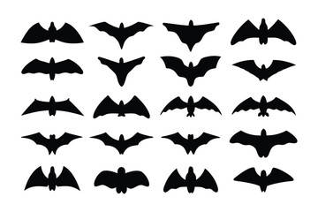 Collection of diverse black owl silhouettes displaying various poses and wing positions on a white background