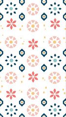 A charming and colorful geometric floral pattern with a white background featuring a repeating motif of stylized flowers and diamond shapes