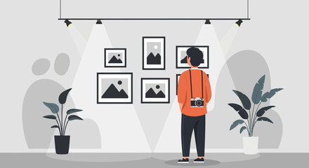 Photographer Inspecting Framed Artwork In Contemporary Gallery Exhibition