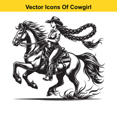Obraz premium Cowgirl Riding Horse with Braid and Blowing Hat – Western Line Art Vector