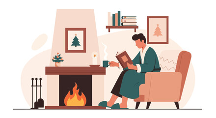 Relaxing By The Fireplace In Winter With A Good Book And Hot Drink