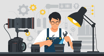 Photography Equipment Specialist Manually Adjusting Camera Lens Under Desk Lamp
