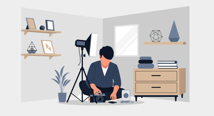 Photography Studio Illustration Man Photographer And Equipment Setup Vector Art