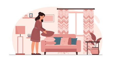 Woman Arranging Pillows On Sofa In Stylish Living Room Interior Design