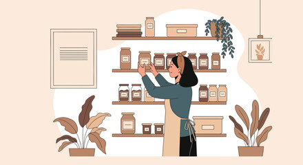 Woman Arranging Preserved Food on Shelves in Cozy Home Interior Scenery