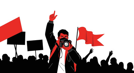 Photojournalist Capturing Images At A Political Demonstration With Flags And Crowd