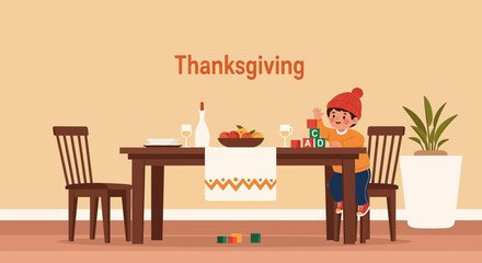 Playful Celebration Thanksgiving Dinner With Child Enjoying Building Blocks Fun