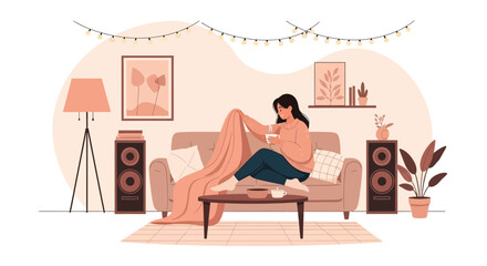 Relaxing Home Environment With A Woman Holding A Cup Of Tea On Couch
