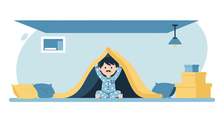 Playful Child Creating a Cozy Fort Adventure at Home for Imagination