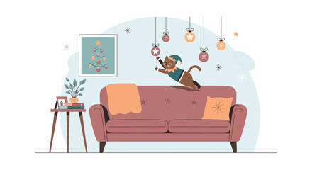 Playful Christmas Cat In Festive Interior Decorating With Holiday Ornaments