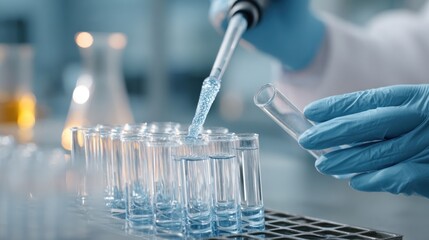 Scientist dispensing liquid into test tubes