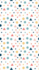 Whimsical geometric pattern featuring a repeating array of colorful shapes on a clean white background