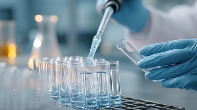 Scientist dispensing liquid into test tubes